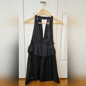 by Anthropologie, Xs, Mixed Fabric Black, Plunge Halter Top